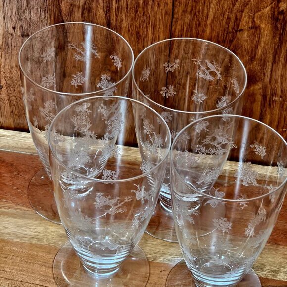 Heisey Chintz Etched Ice Tea Glasses 5.5” vintage bird butterfly floral 4piece - Picture 3 of 11